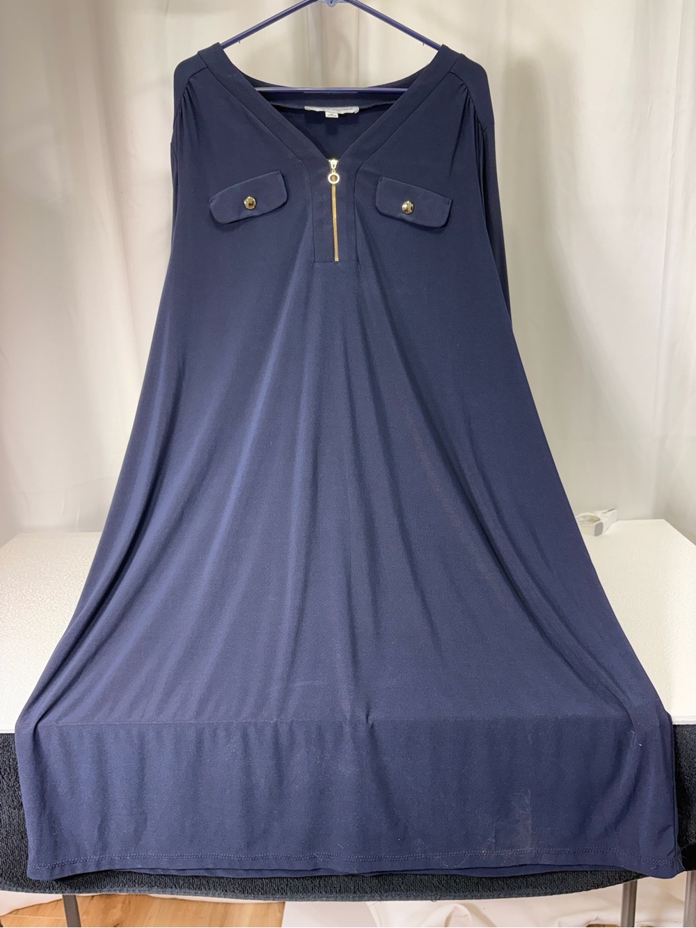 Emma & Michele Navy Maxi Dress with Gold Zip and Button Details 4056